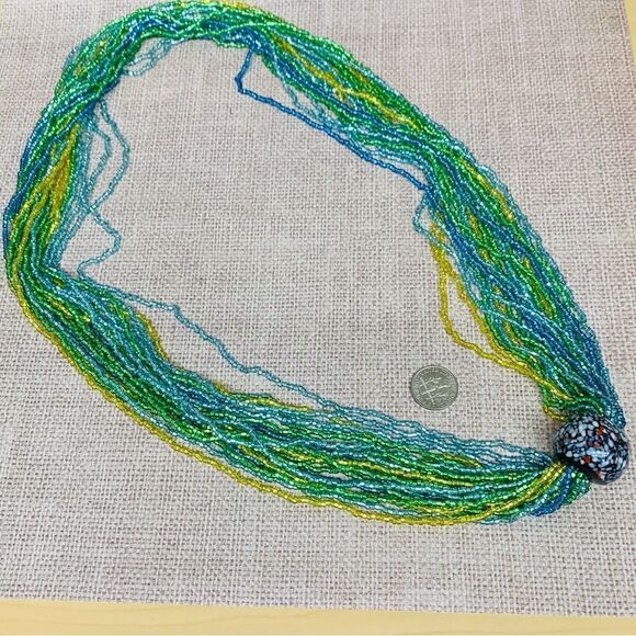 Multi Strand Blue Green Yellow Seed Bead Ceramic Bead Necklace - Picture 1 of 2